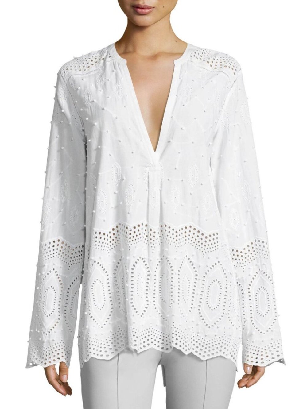 Theory Ofeliah Eyelet White Cotton Embroidered Tunic Blouse M